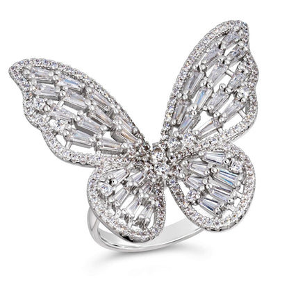 Rhodium Cubic Zirconia Butterfly Statement Ring