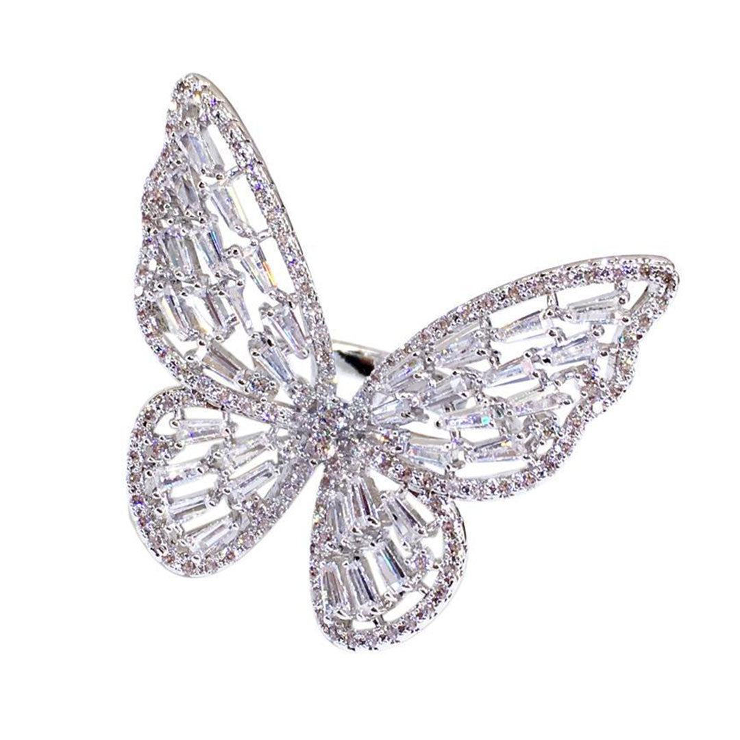Rhodium Cubic Zirconia Butterfly Statement Ring