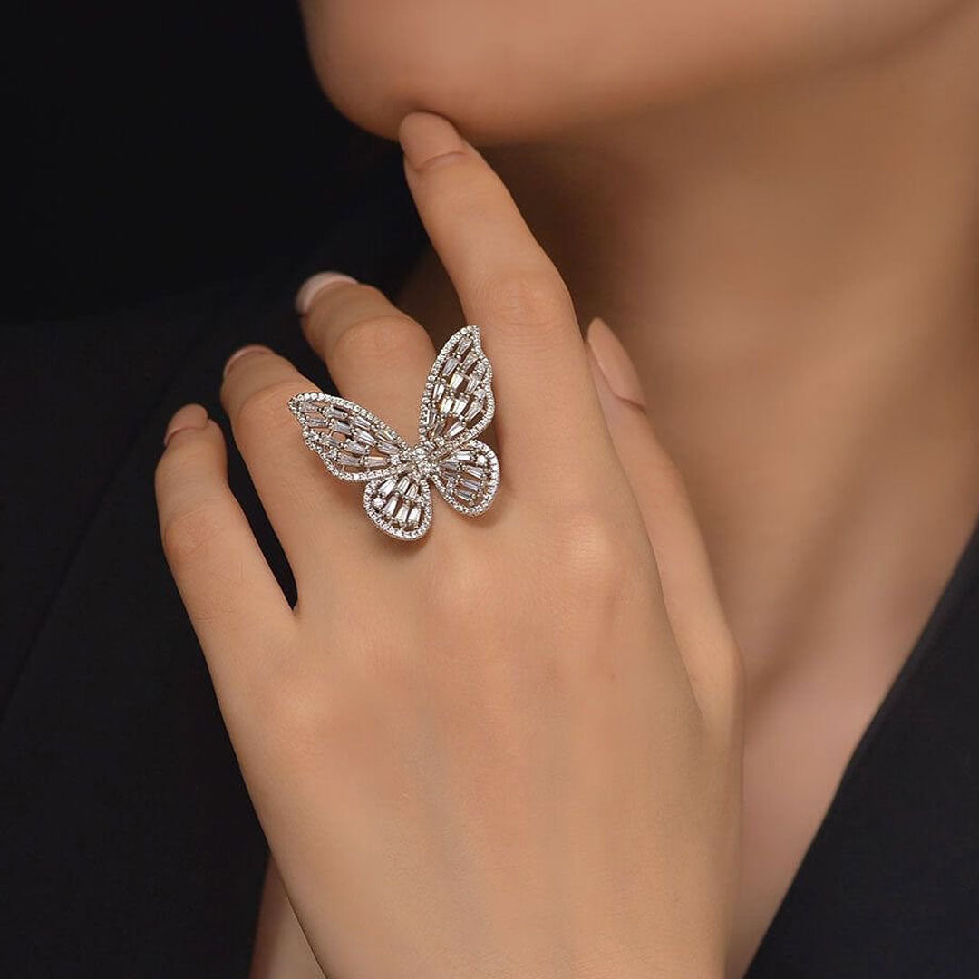 Rhodium Cubic Zirconia Butterfly Statement Ring