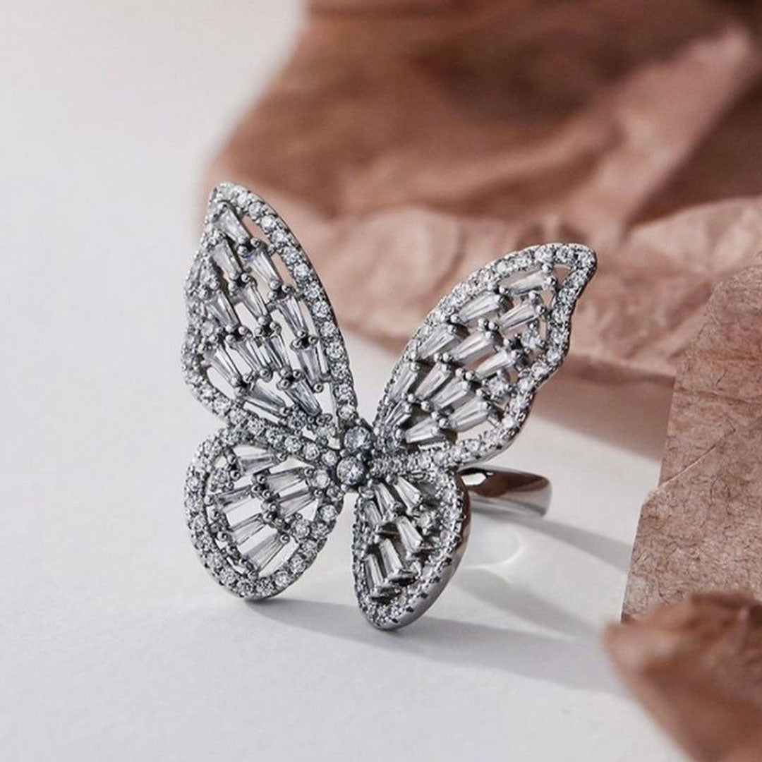 Rhodium Cubic Zirconia Butterfly Statement Ring