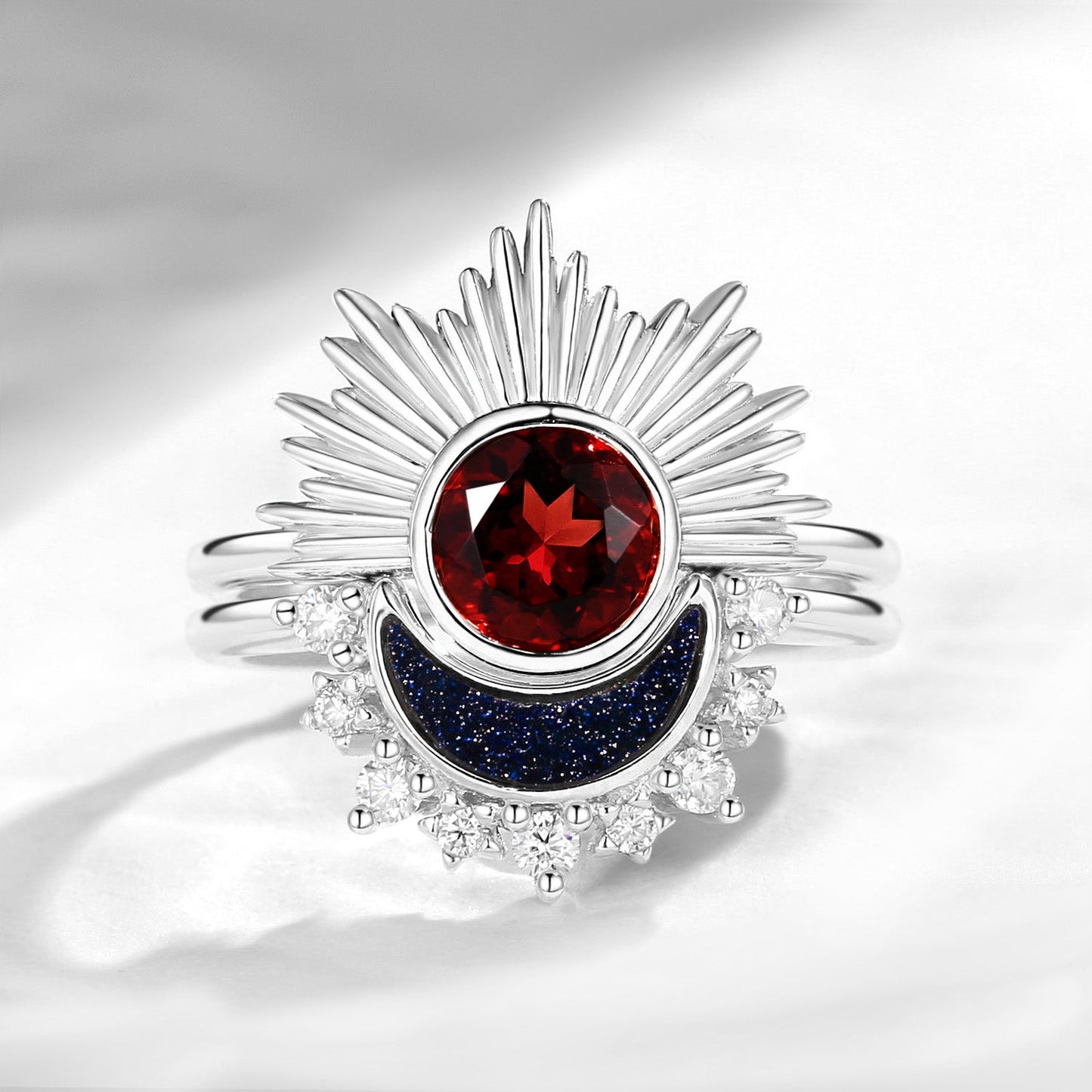 Retro Sun & Moon Engagement Ring Set
