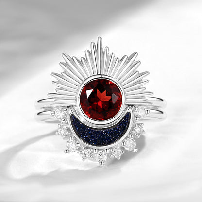 Retro Sun & Moon Engagement Ring Set