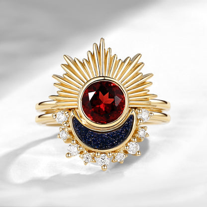 Retro Sun & Moon Engagement Ring Set