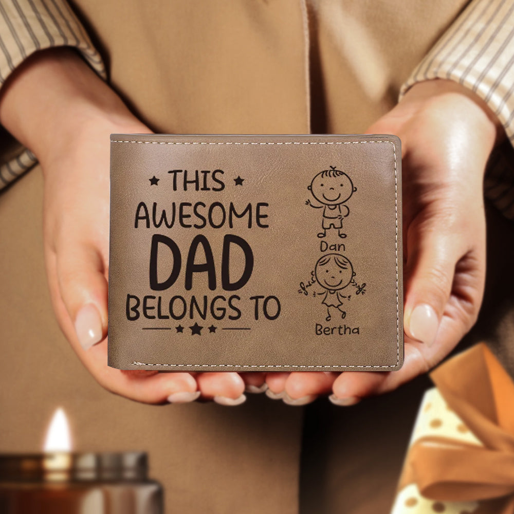 Personalized 1 Photo & 2 Name Wallet Custom Men's Leather Folding Wallet "This Awesome Dad Belongs To"