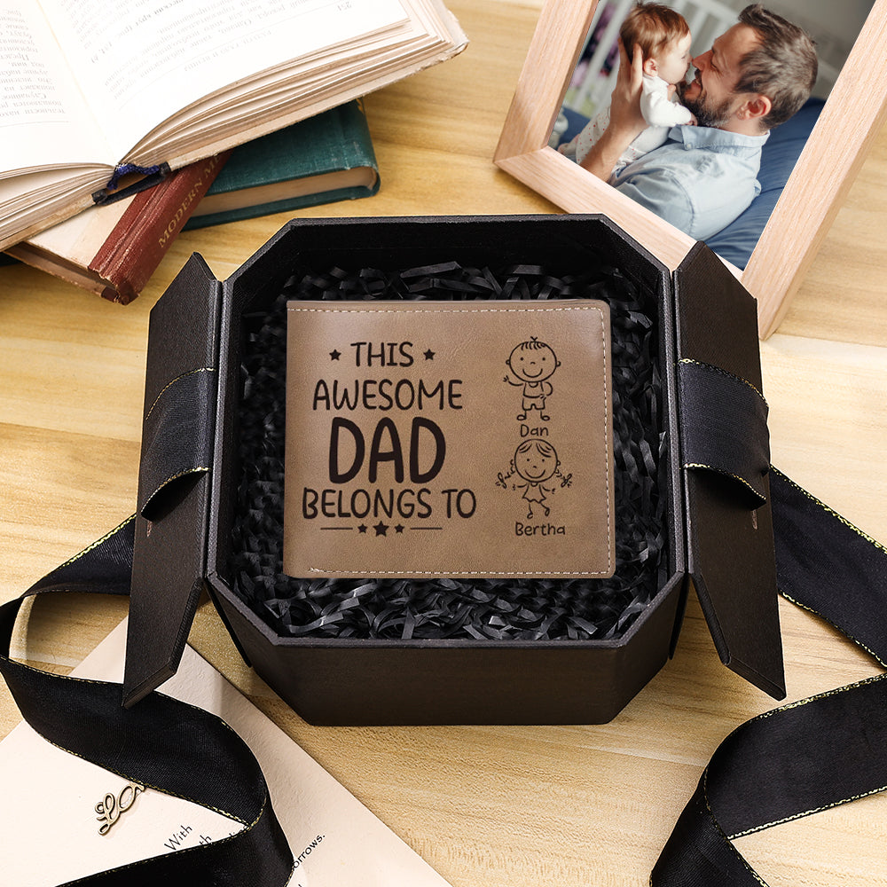 Personalized 1 Photo & 2 Name Wallet Custom Men's Leather Folding Wallet "This Awesome Dad Belongs To"
