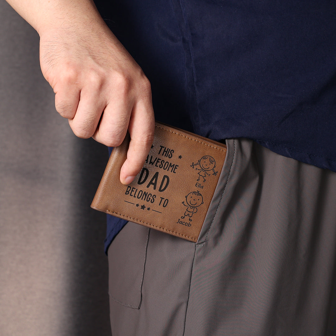 Personalized 1 Photo & 2 Name Wallet Custom Men's Leather Folding Wallet "This Awesome Dad Belongs To"