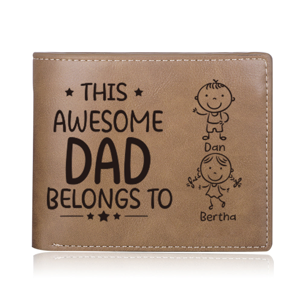 Personalized 1 Photo & 2 Name Wallet Custom Men's Leather Folding Wallet "This Awesome Dad Belongs To"