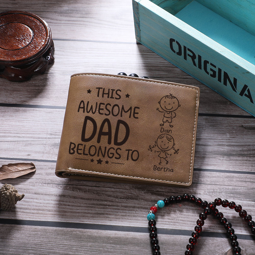 Personalized 1 Photo & 2 Name Wallet Custom Men's Leather Folding Wallet "This Awesome Dad Belongs To"