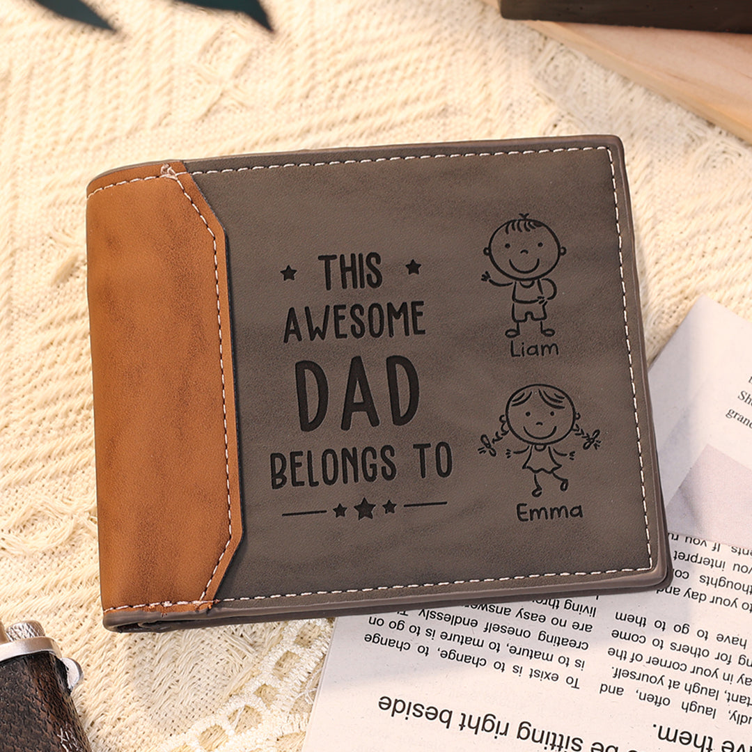 Personalized 2 Names & 1 Photo Wallet Custom Men's Leather Folding Wallet "This Awesome Dad Belongs To"