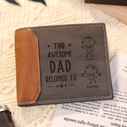 Personalized 2 Names & 1 Photo Wallet Custom Men's Leather Folding Wallet "This Awesome Dad Belongs To"