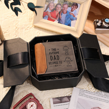 Personalized 2 Names & 1 Photo Wallet Custom Men's Leather Folding Wallet "This Awesome Dad Belongs To"
