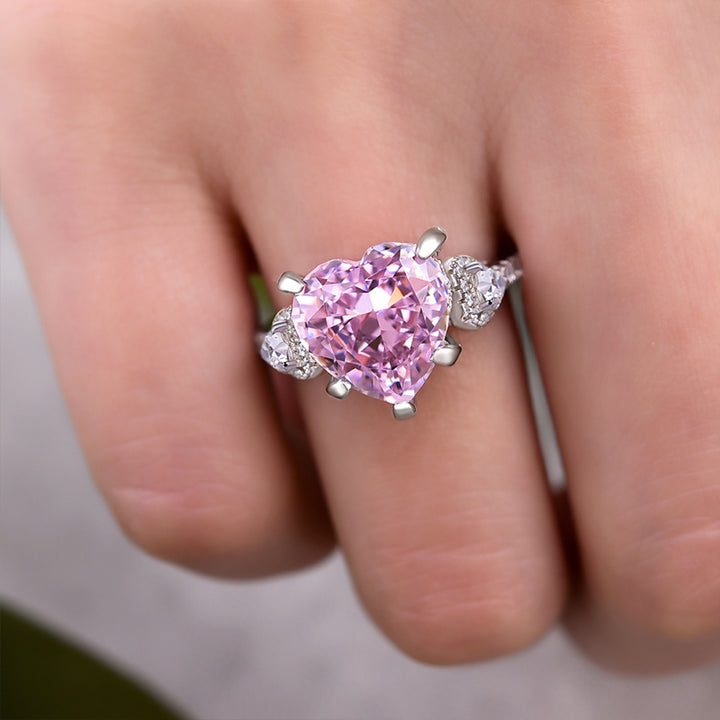 Royal Romantic Pink Stone Heart Cut Engagement Ring In Sterling Silver
