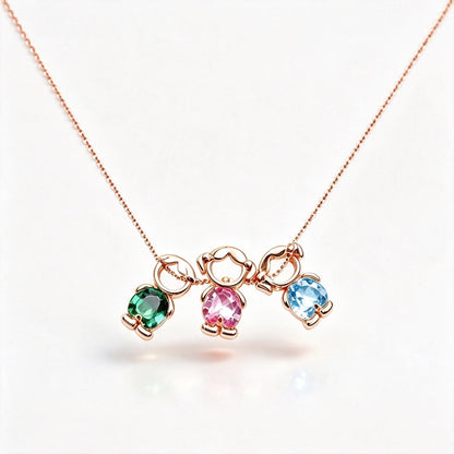 For Love- Personalized Heart Birthstone Doll Family Necklace