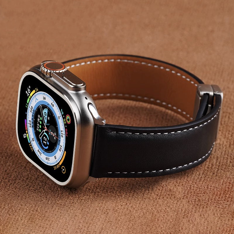 Vintage Leather Magnetic Foldover Buckle Band For Apple Watch