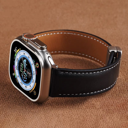 Vintage Leather Magnetic Foldover Buckle Band For Apple Watch