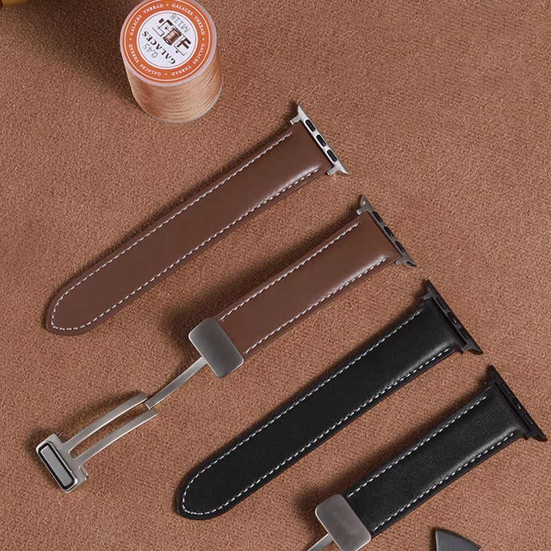 Vintage Leather Magnetic Foldover Buckle Band For Apple Watch