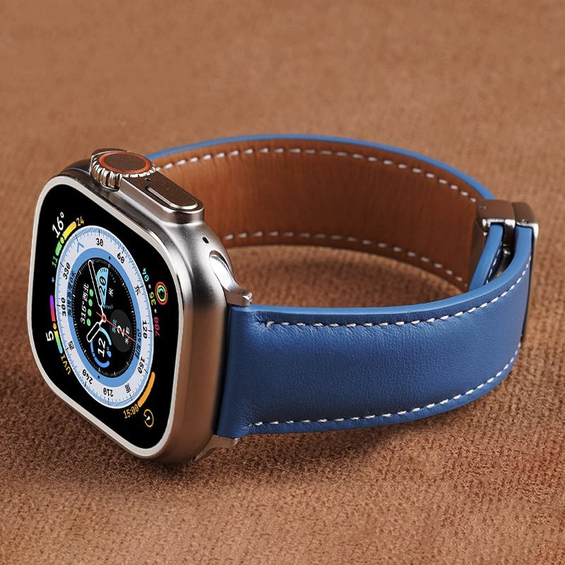 Vintage Leather Magnetic Foldover Buckle Band For Apple Watch