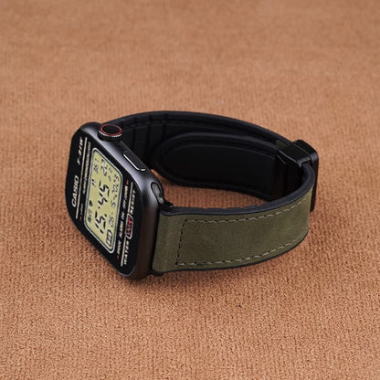Vintage Leather Magnetic Foldover Buckle Band For Apple Watch