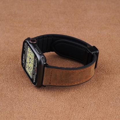 Vintage Leather Magnetic Foldover Buckle Band For Apple Watch