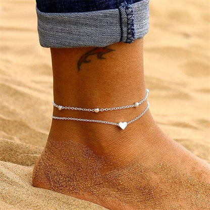 Double Layer Heart Anklet Bracelet Set