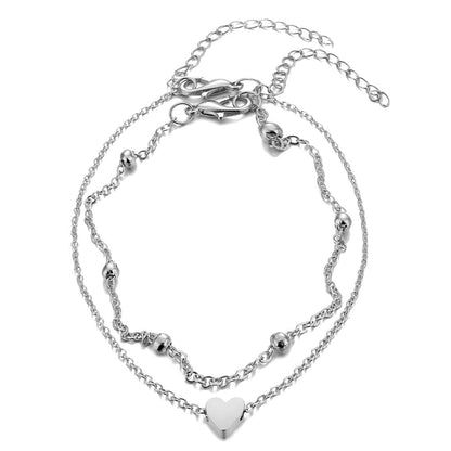 Double Layer Heart Anklet Bracelet Set