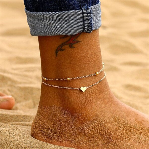 Double Layer Heart Anklet Bracelet Set