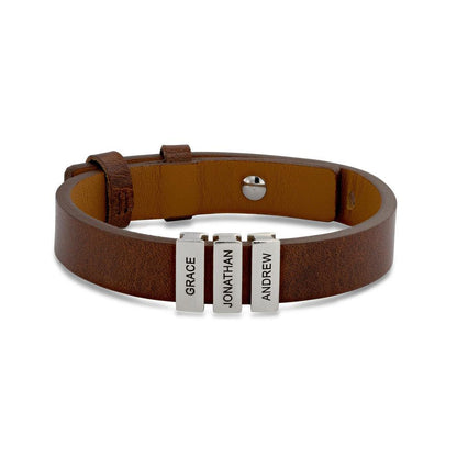 Father's Gift Men's Leather Bracelet with Custom Silver Beads