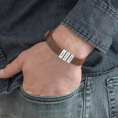 Father's Gift Men's Leather Bracelet with Custom Silver Beads