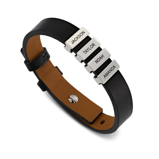 Father's Gift Men's Leather Bracelet with Custom Silver Beads