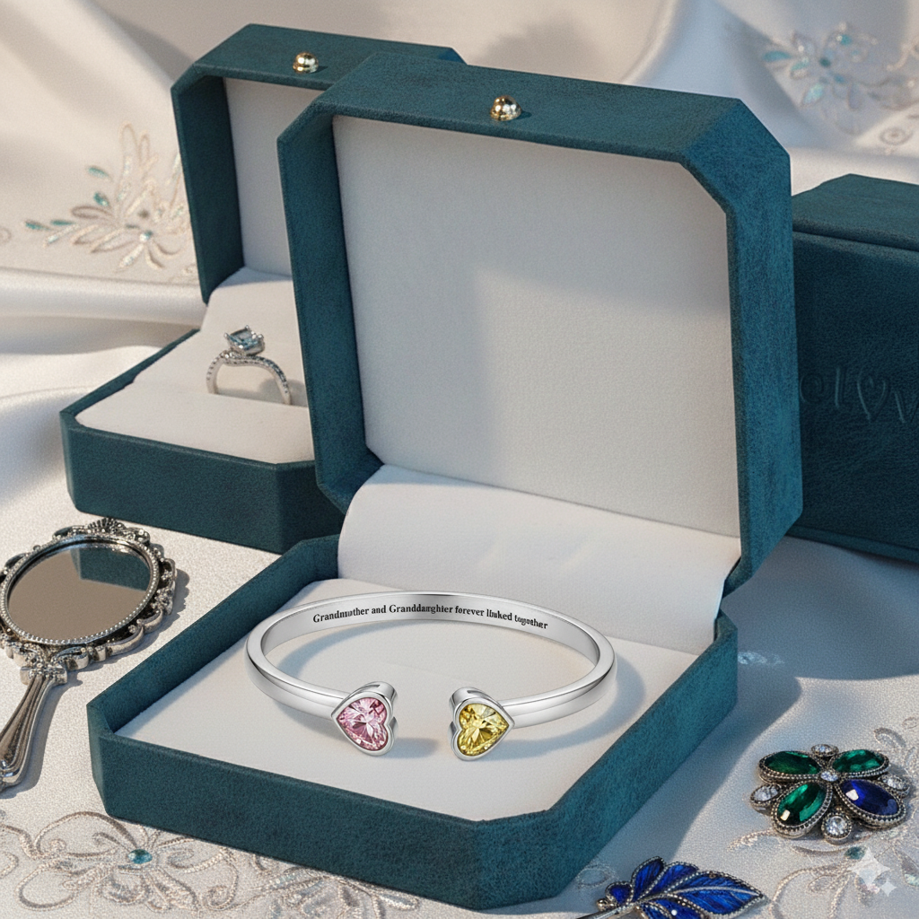 Grandmother&Granddaughter Double Heart Custom Birthstones Bracelet
