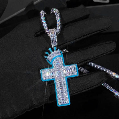 Glow in the Dark Baguette Crown Cross Pendant