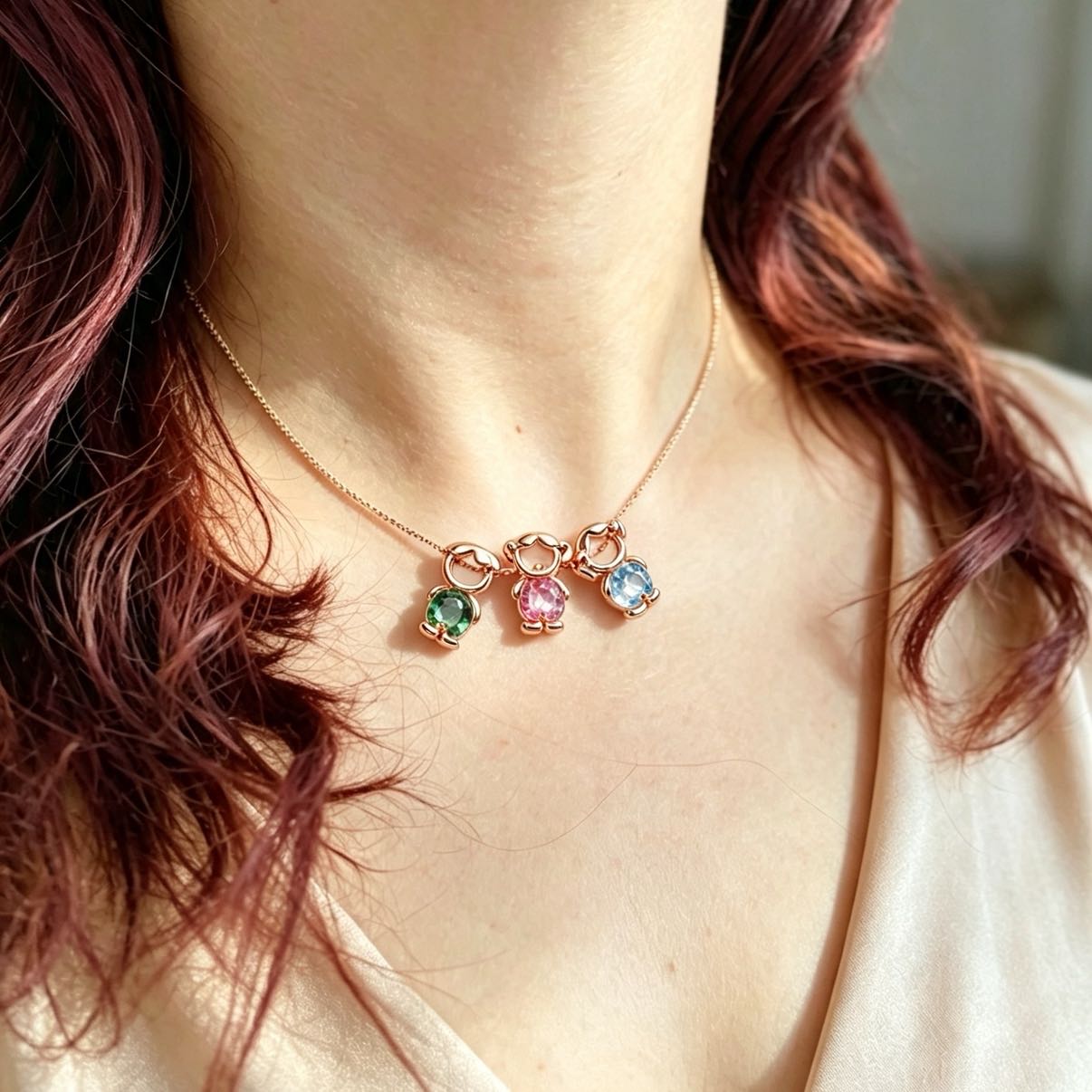 For Love- Personalized Heart Birthstone Doll Family Necklace