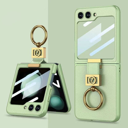 LEATHER CASE WITH Z FINGER RING & LENS GLASS FOR SAMSUNG GALAXY Z FLIP 3/4/5
