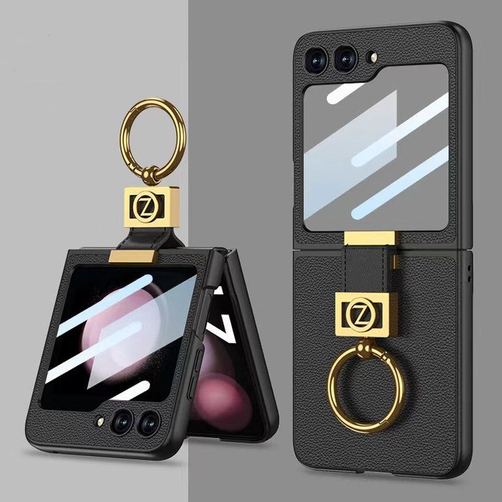 LEATHER CASE WITH Z FINGER RING & LENS GLASS FOR SAMSUNG GALAXY Z FLIP 3/4/5