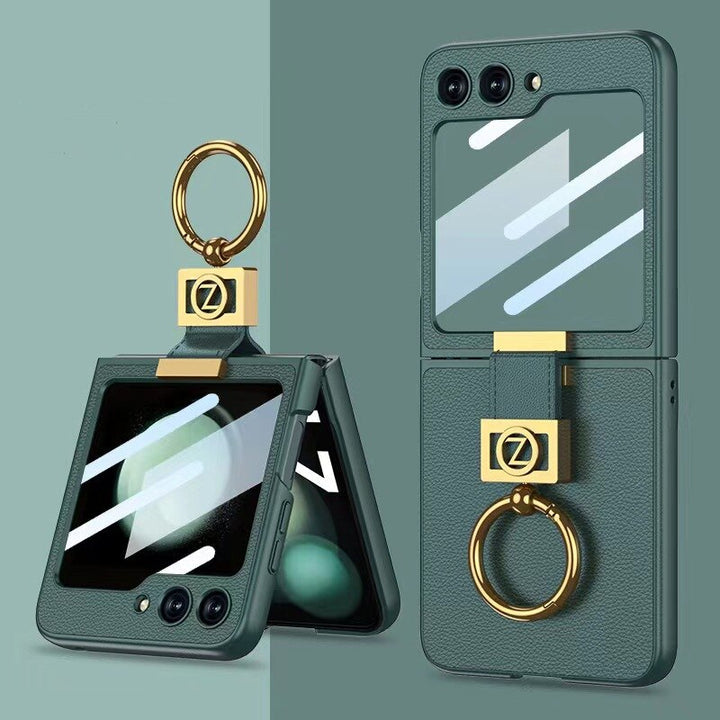 LEATHER CASE WITH Z FINGER RING & LENS GLASS FOR SAMSUNG GALAXY Z FLIP 3/4/5