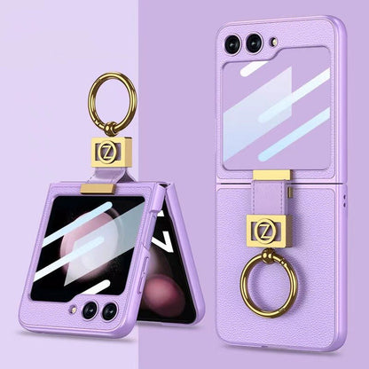 LEATHER CASE WITH Z FINGER RING & LENS GLASS FOR SAMSUNG GALAXY Z FLIP 3/4/5