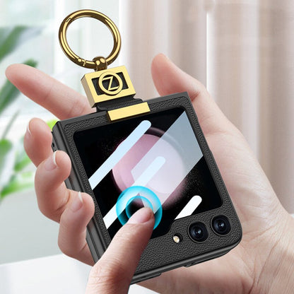 LEATHER CASE WITH Z FINGER RING & LENS GLASS FOR SAMSUNG GALAXY Z FLIP 3/4/5