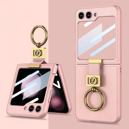 LEATHER CASE WITH Z FINGER RING & LENS GLASS FOR SAMSUNG GALAXY Z FLIP 3/4/5