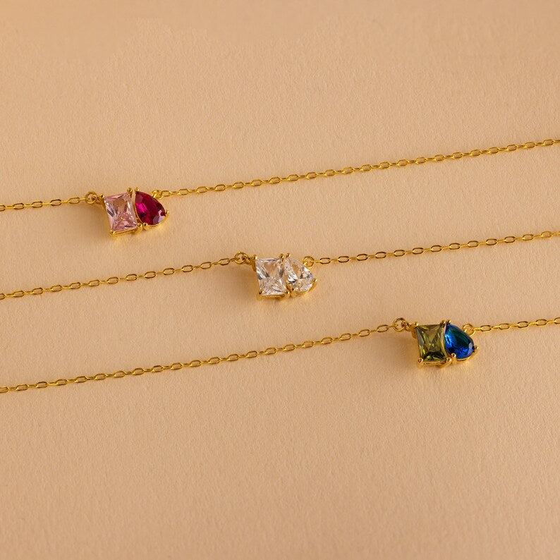 MOTHER AND DAUGHTER FOREVER LINKED TOGETHER CUSTOM BIRTHSTONES NECKLACE