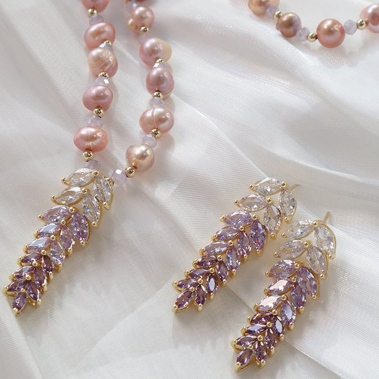 Natural Freshwater Pearl Zircon Wheat Pendant Necklace