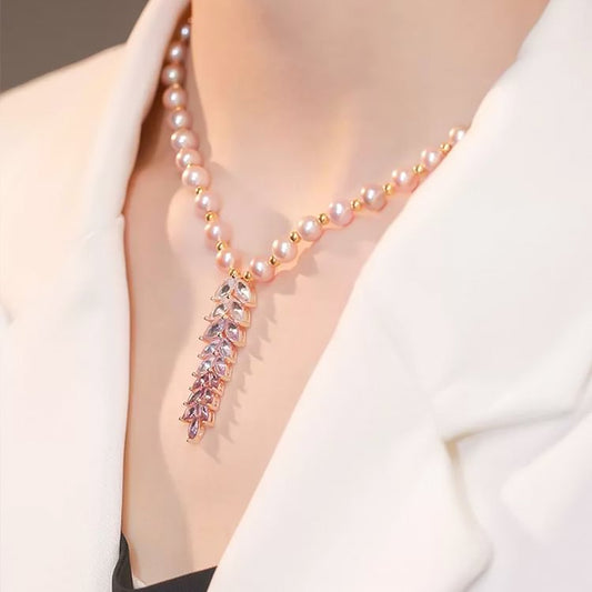 Natural Freshwater Pearl Zircon Wheat Pendant Necklace