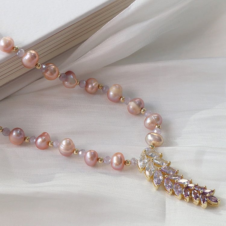 Natural Freshwater Pearl Zircon Wheat Pendant Necklace
