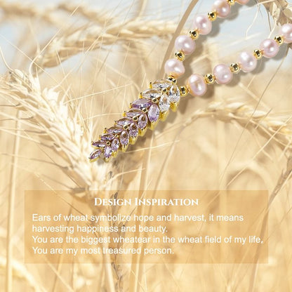 Natural Freshwater Pearl Zircon Wheat Pendant Necklace