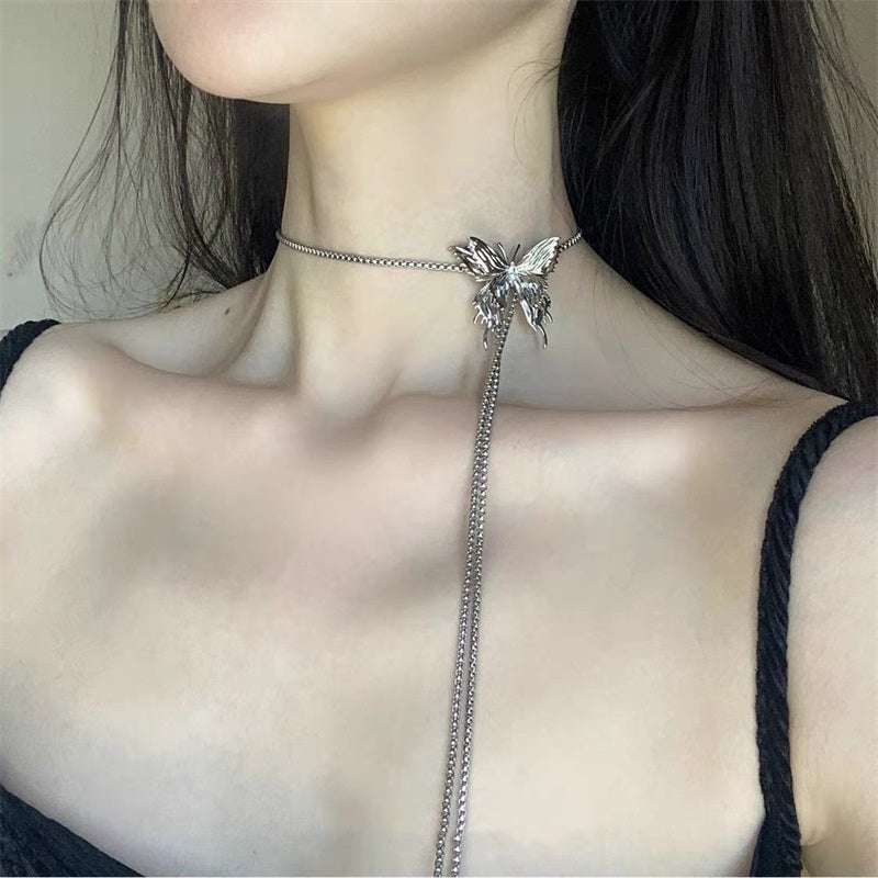 Silver Butterfly Long Chain for Women, Pull-out Personalized Necklace