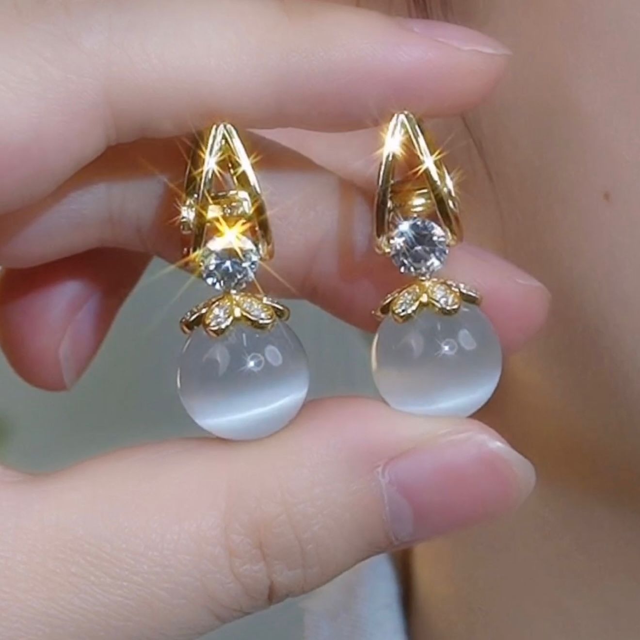 14K Gold-Plated French Diamond Cat's Eye Stone Earrings
