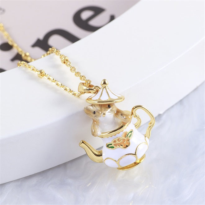 Chipmunk In Teapot - Elegant Funny Necklace & Earrings