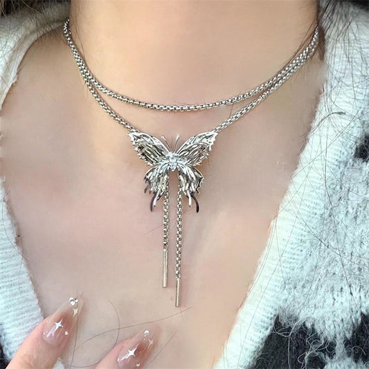 Silver Butterfly Long Chain for Women, Pull-out Personalized Necklace