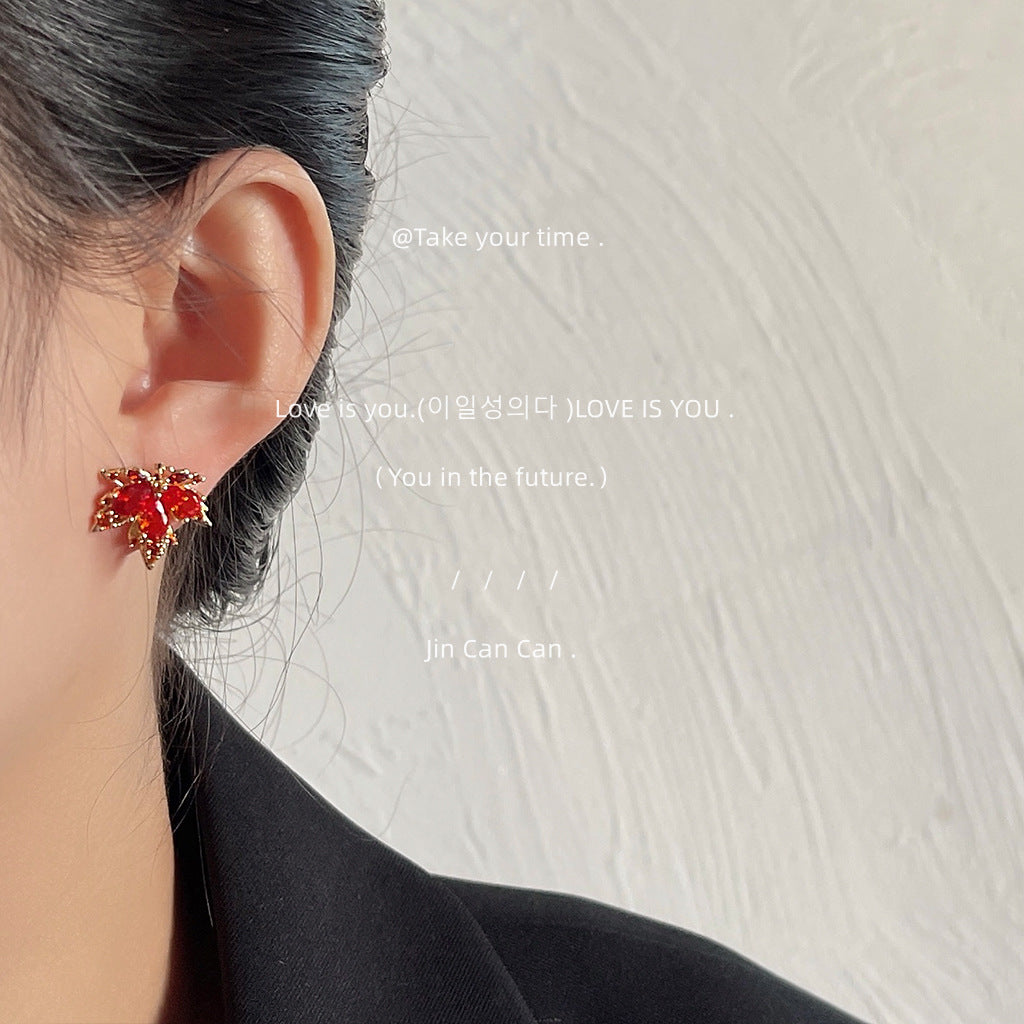 For Love Ones - Red Maple Leaf Rhinestone Stud Drop Dangle Earrings