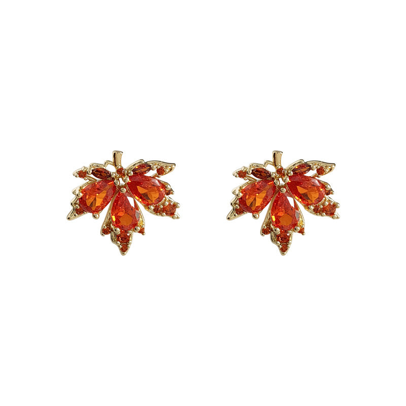 For Love Ones - Red Maple Leaf Rhinestone Stud Drop Dangle Earrings