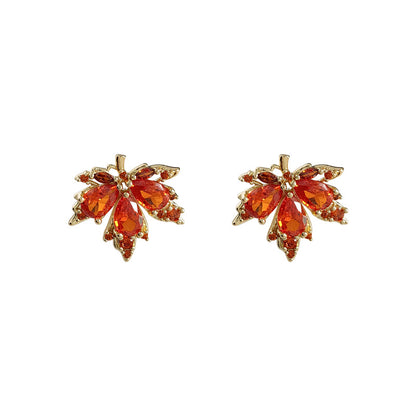 For Love Ones - Red Maple Leaf Rhinestone Stud Drop Dangle Earrings